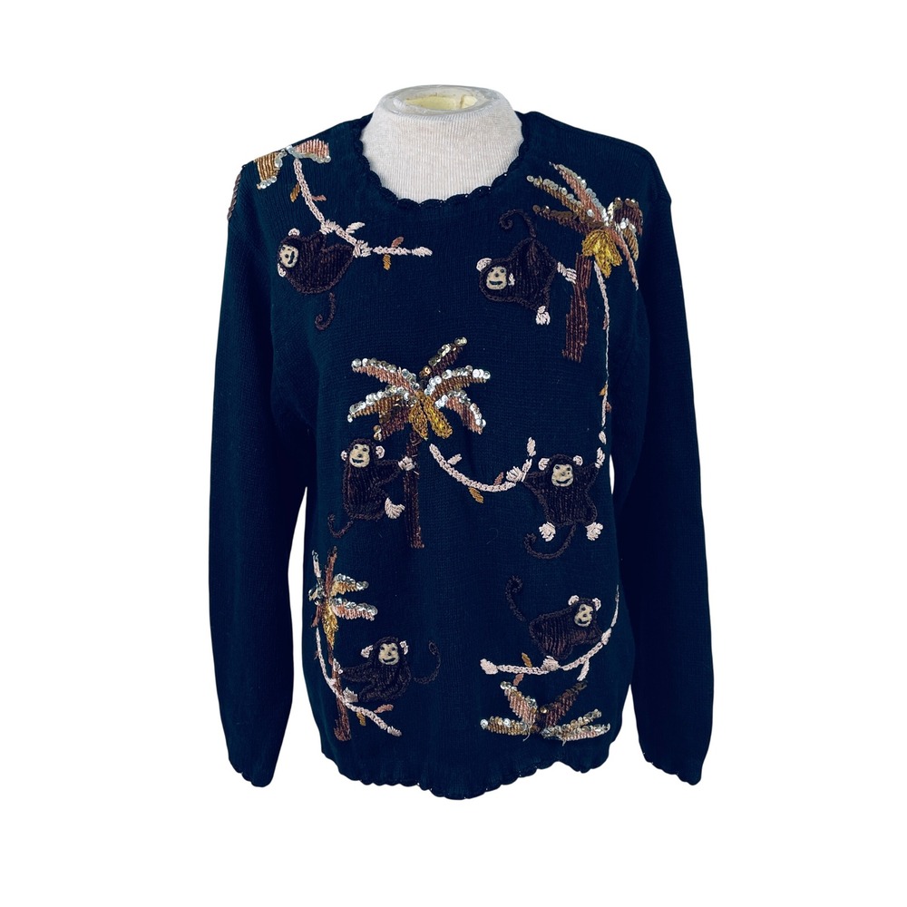 Victoria Harbour Women's Black Monkey Palm Tree Sequin‎ Sweater Medium